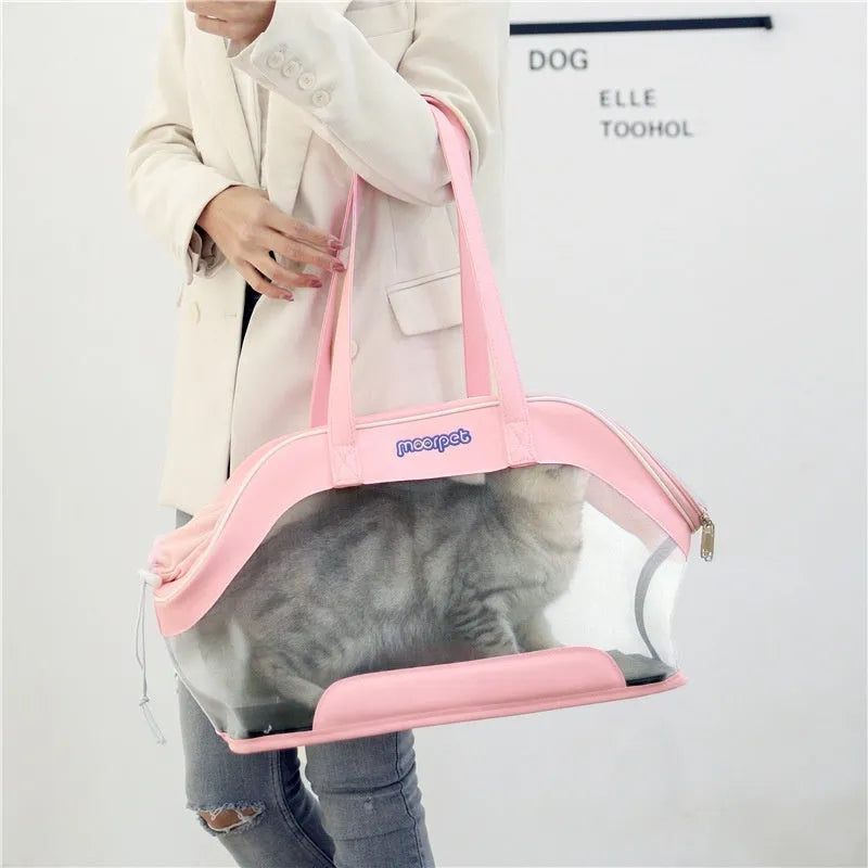 Leather cat outing carry bag in solid colour with structured 25L capacity.