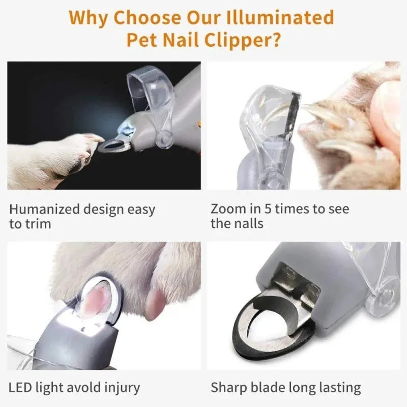 Yellow pet nail clipper with built-in LED light and magnifying glass on a white background.