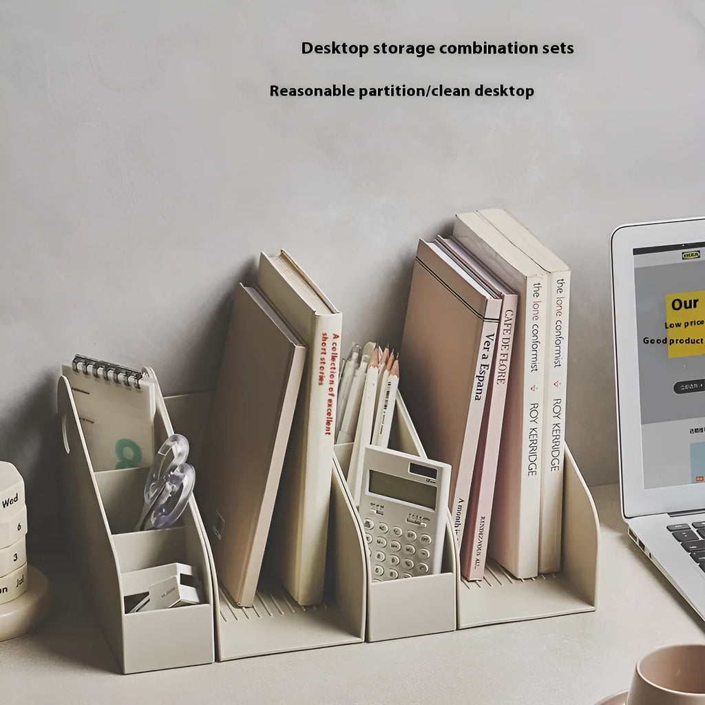 Plastic desktop storage box with two internal shelves in milk coffee colour.