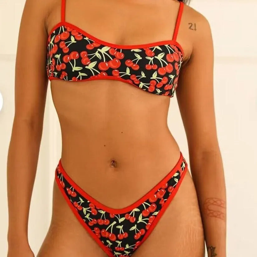 Women's cherry print floral pattern tube top bikini swimsuit in polyester fabric