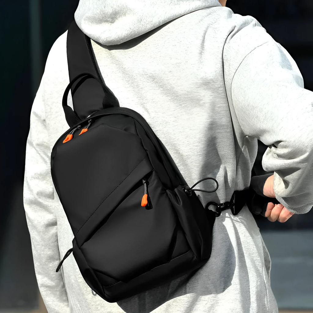 Men's waterproof polyester casual crossbody bag in black with single shoulder strap
