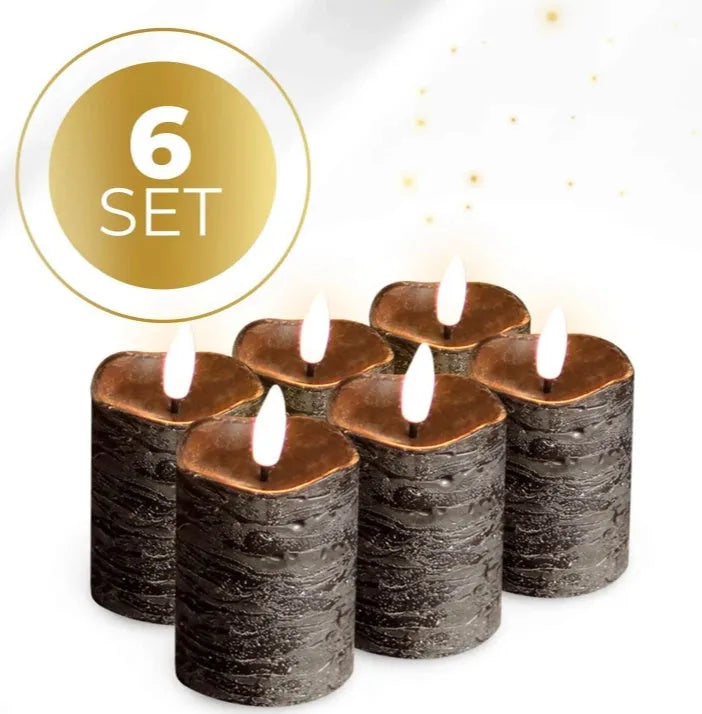 Black S6 LED pillar candle measuring 5cm wide by 7cm tall with realistic flickering flame effect