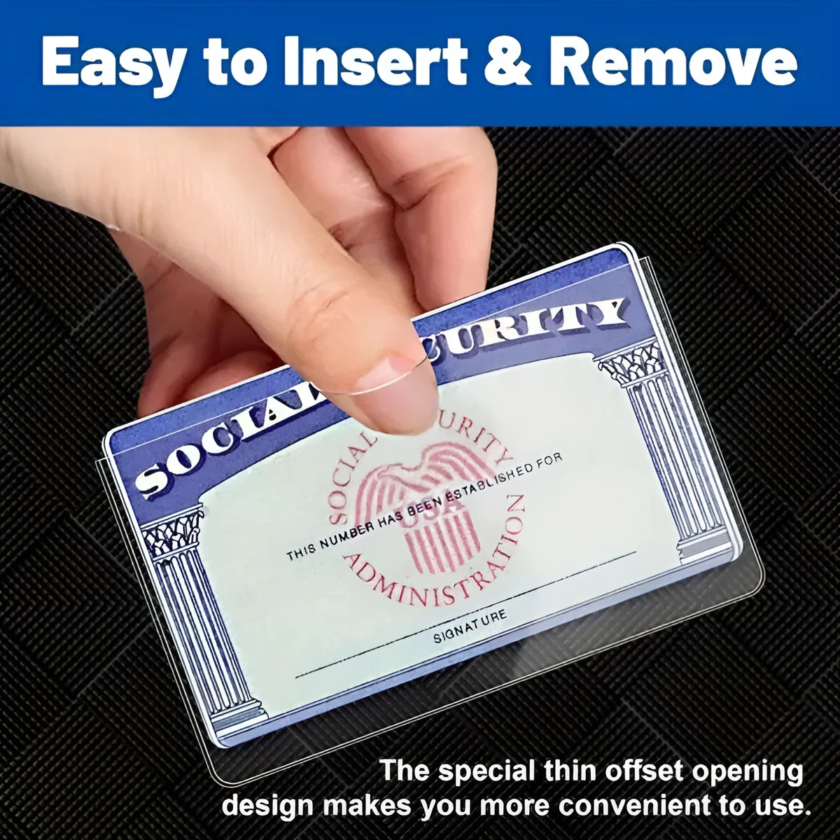 Clear PVC waterproof card holder for social security cards, sized 9.7 by 5.9 centimetres.