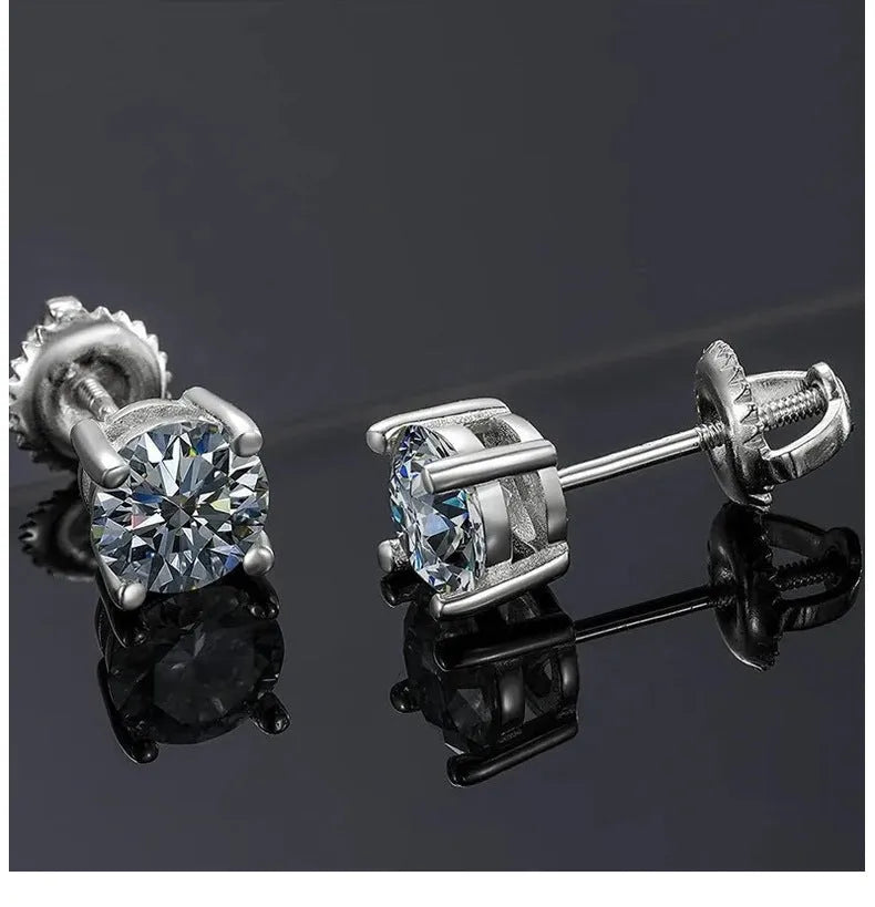 Silver moissanite screw back stud earrings with geometric shape on black card