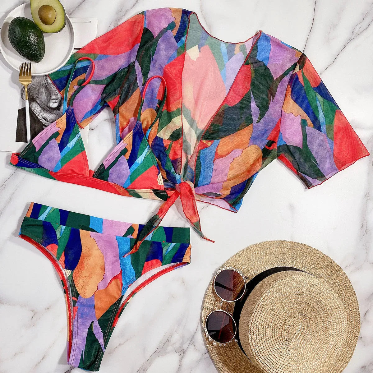 Red women's printed split swimsuit with European style pattern for swimming sports
