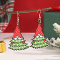 Wooden Christmas earrings with printed geometric Santa Claus designs in Christmas tree and water drop snowman styles