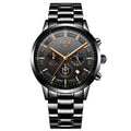 Men's waterproof quartz sports watch in black with rose red gold accents on wrist
