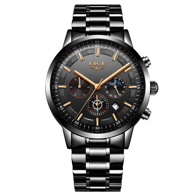 Men's waterproof quartz sports watch in black with rose red gold accents on wrist