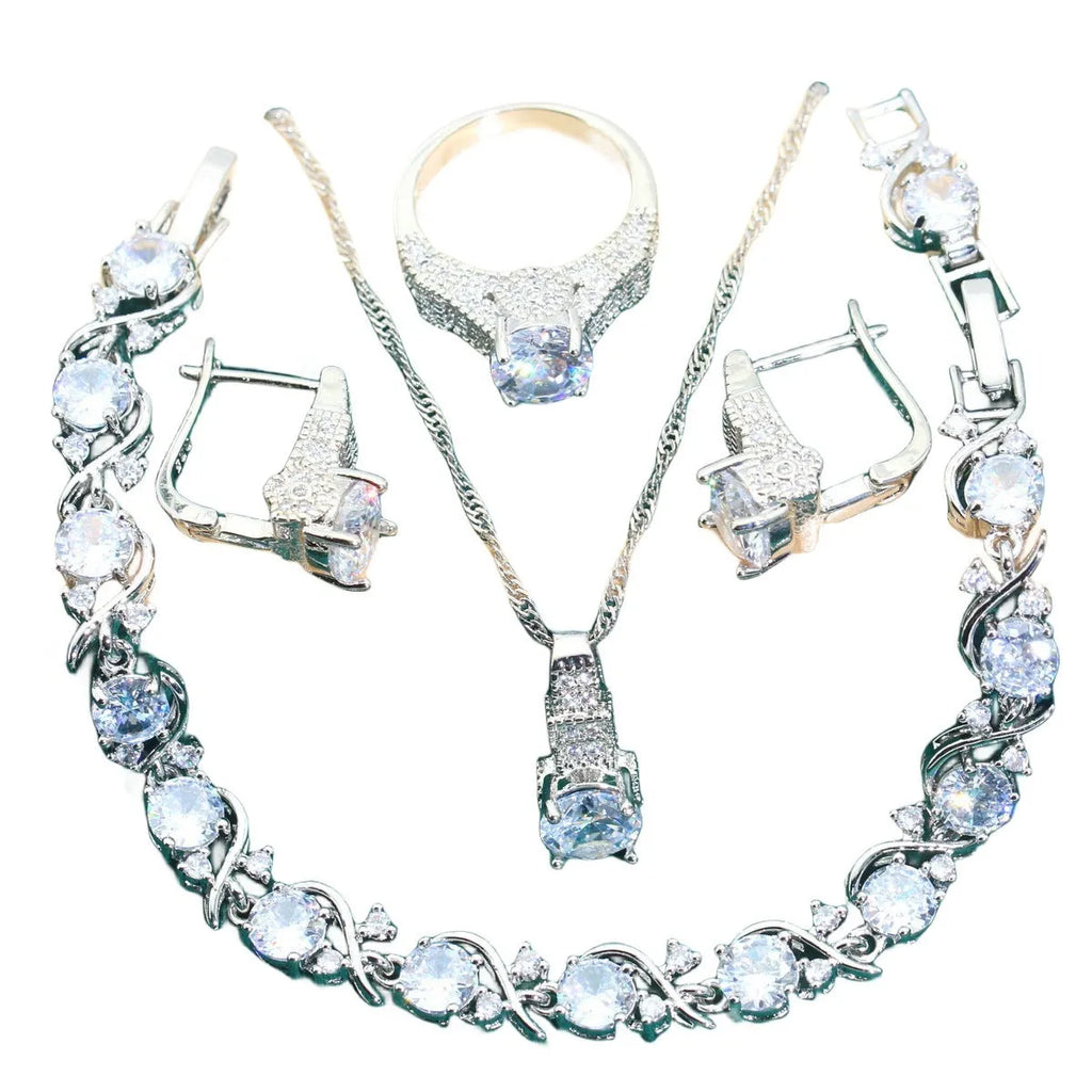 Bridal zircon alloy jewellery four-piece set with necklace, earrings, bracelet and ring in water wave chain design