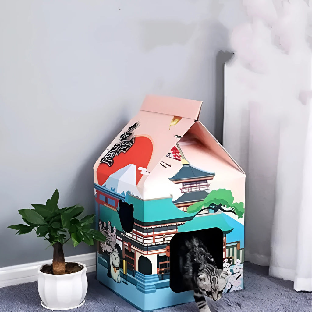 A foldable corrugated paper cat scratching board with a Nagoya cat graphic design, shown both open and closed.