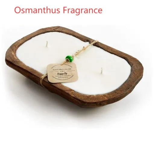 Retro wooden basin containing lavender-scented soy wax candle with three wicks