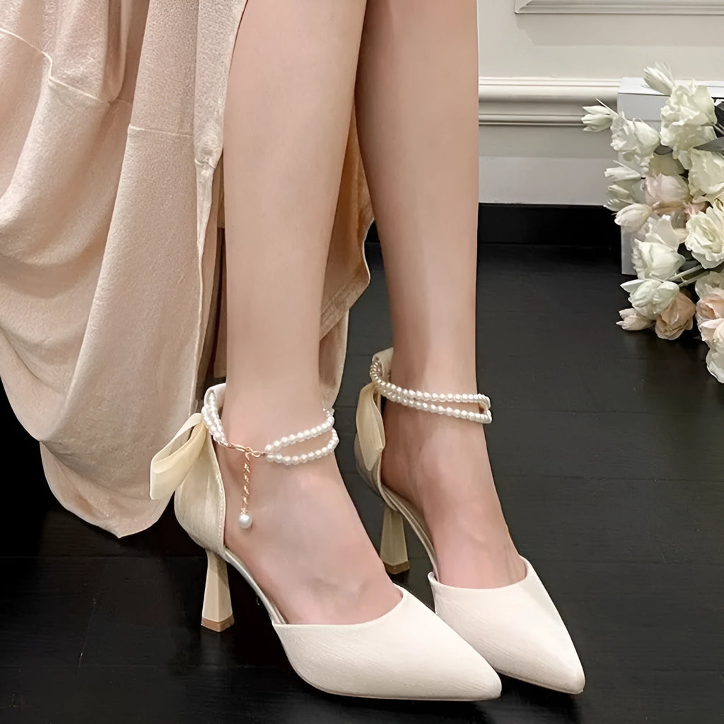 Apricot bow high heels with 6cm wine glass heel, PU upper and sole, middle mouth cut, sizes 34-40