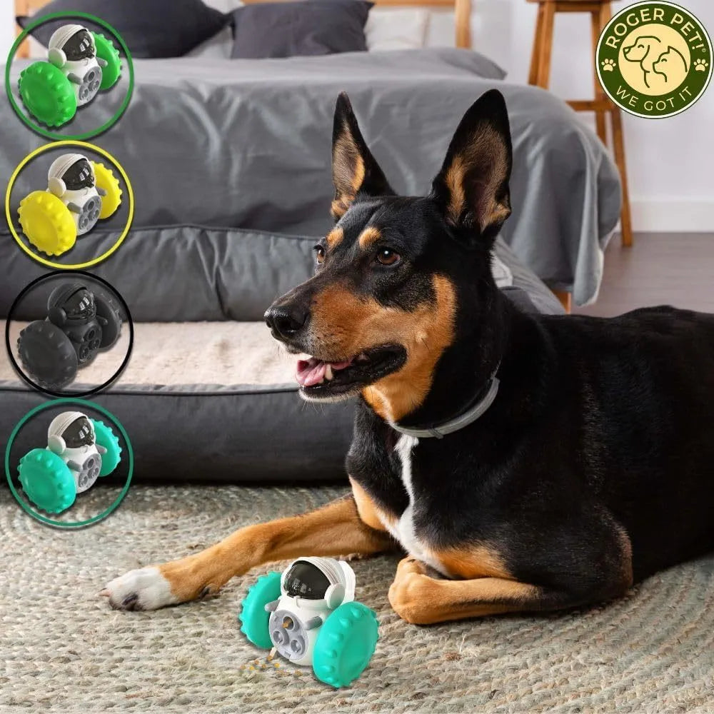 Self-balancing dog treat dispenser toy with robot design in multiple colours