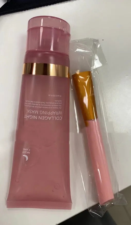 Collagen night mask bottle with application brush for even coverage on skin