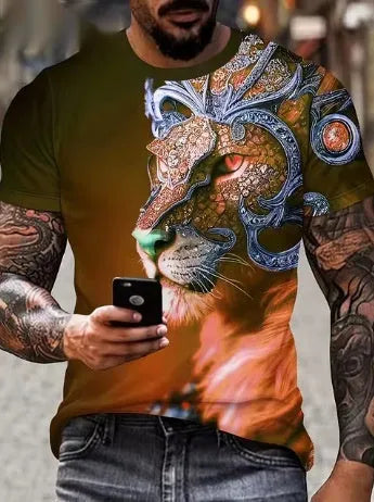 Men's grey T-shirt with raised 3D lion graphic print on front