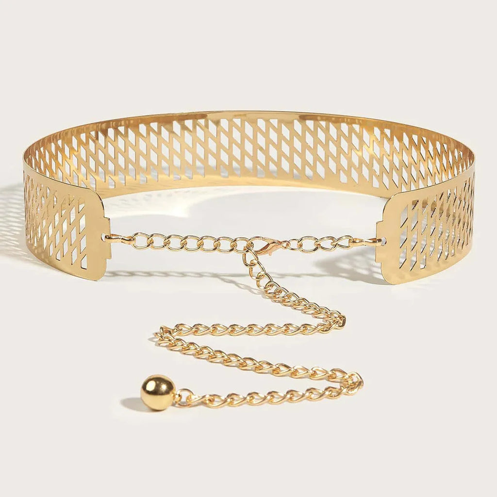 Golden alloy waist belt with lantern and floral punch net design, shown fastened, highlighting its 4.5cm width.