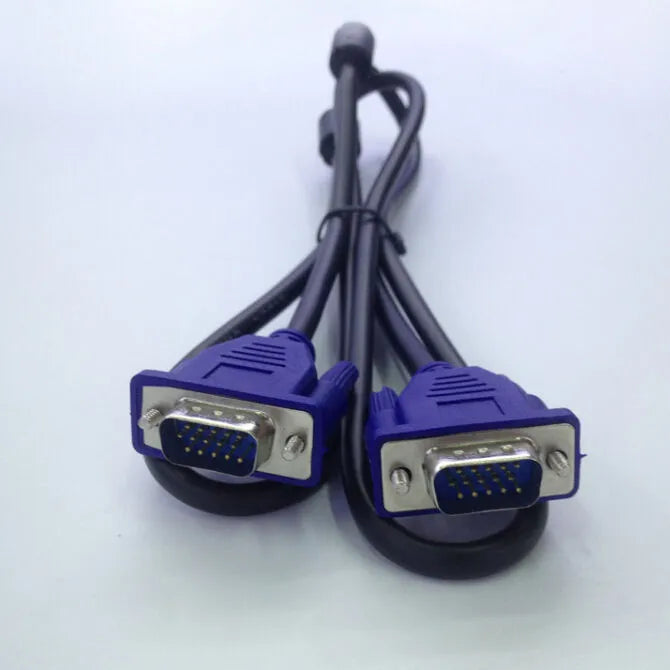 Black VGA cable with blue connectors, nickel-plated terminals, 1.5 metre length for monitor connections