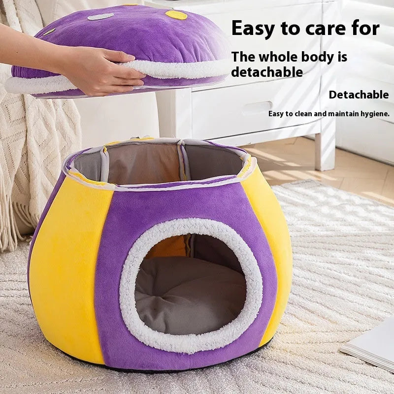Mushroom-shaped cat bed in plush material available in purple, pink and grey colours