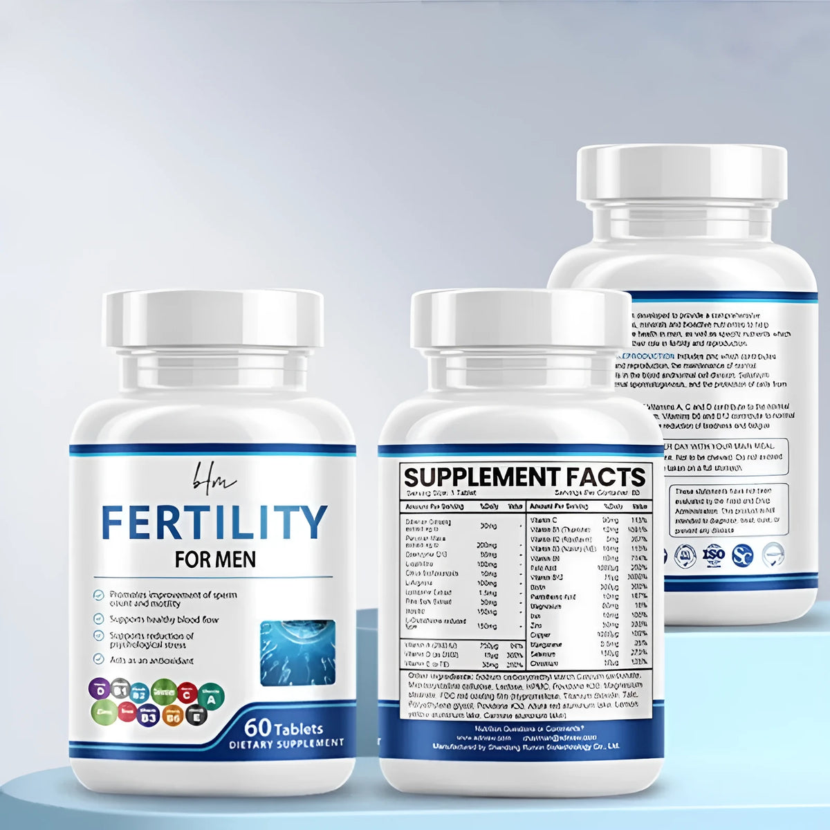Bottle of 60 male fertility tablets with vitamin mineral amino acid formula