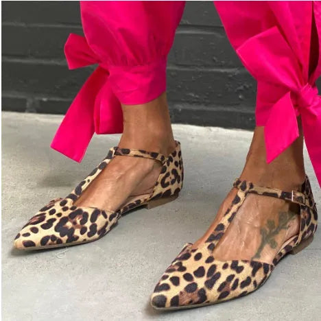 Women's leopard print pointed toe pumps with cross shoulder straps and chunky low heel
