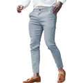 Men's slim pencil trousers in stretch cotton twill fabric on a hanger, showing the mid waist and slim leg cut.