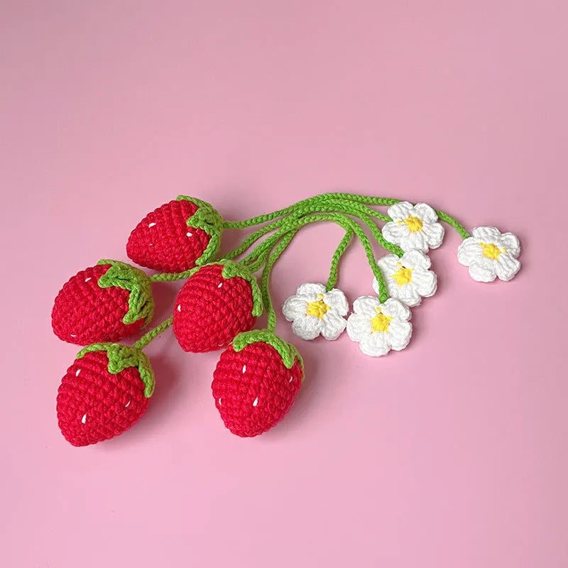 Red knitted wool crochet strawberry pendant with a 35cm hanging cord
