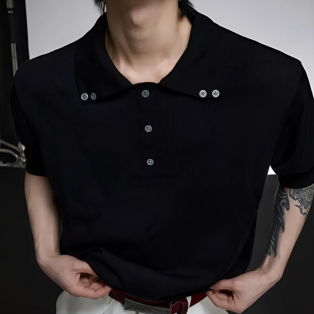 Men's black short sleeve shirt with double collar design and slim knit fabric in loose fit