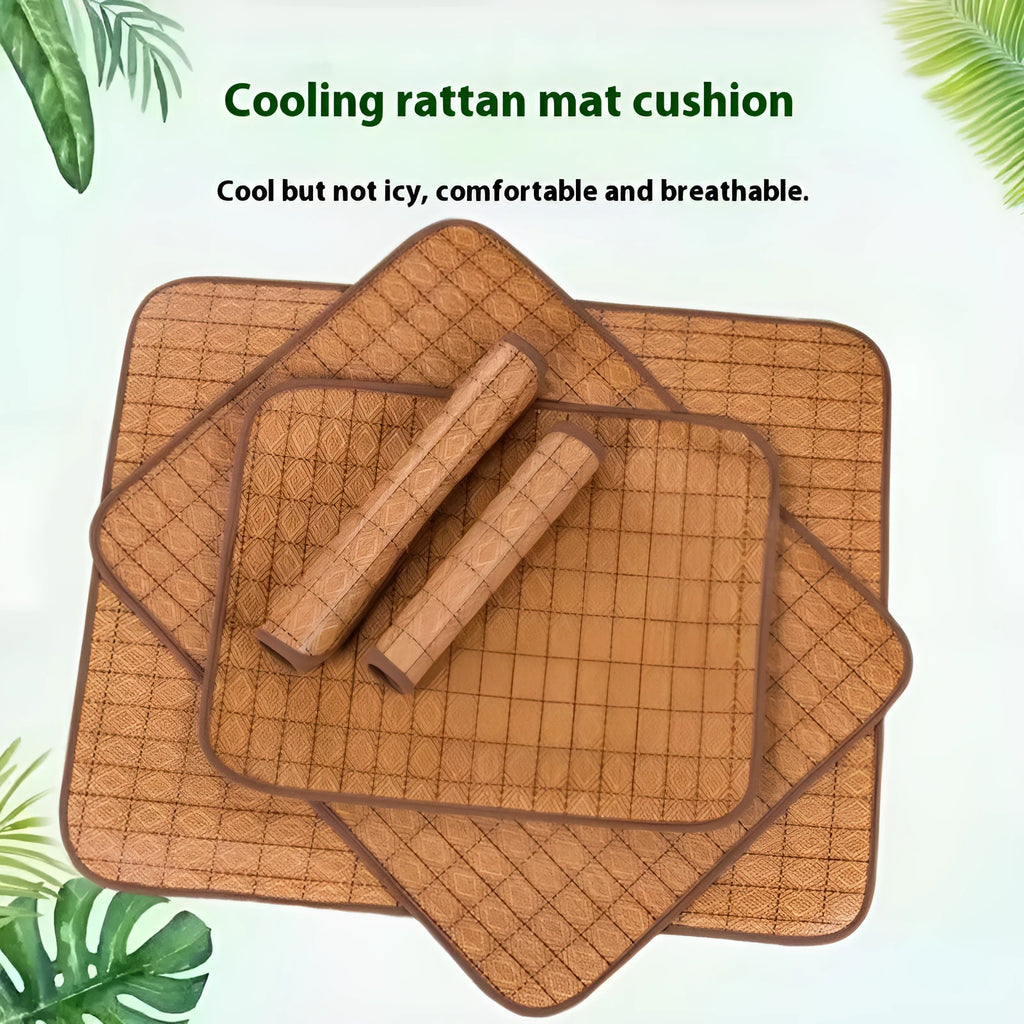 Brown rattan fibre dog cooling mat showing woven texture and rectangular shape for summer pet comfort