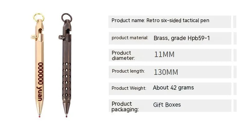 Brass hexagonal bolt roller pen with 6-angle machine pattern and 0.5mm tip