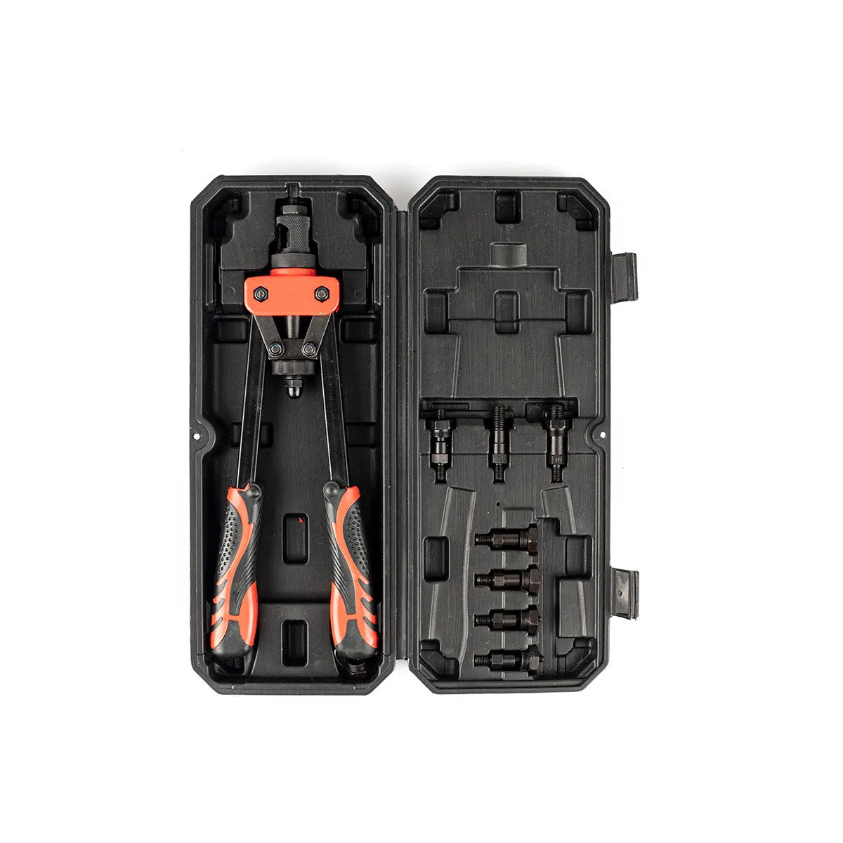 CQ14 model manual alloy rivet nut tool with six interchangeable tips, shown with 37 cm scale.