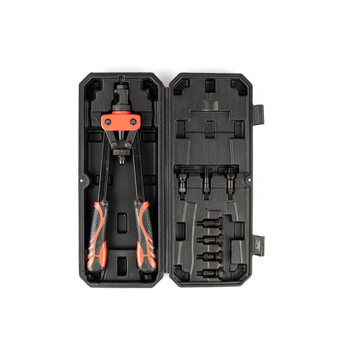 CQ14 model manual alloy rivet nut tool with six interchangeable tips, shown with 37 cm scale.