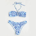 Women's green floral bandeau split swimsuit with triangle top and matching briefs