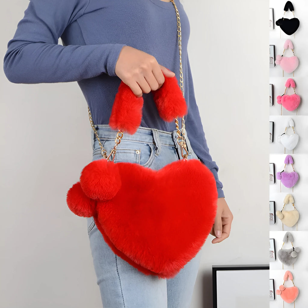 Heart-shaped soft plush women's handbag with detachable strap in medium size