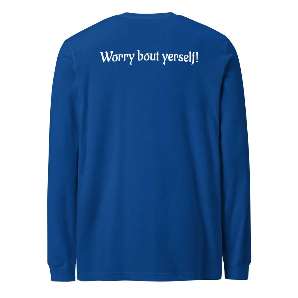 Blue men's loose fit polyester sweater with printed letters and patterns, round neck pullover design