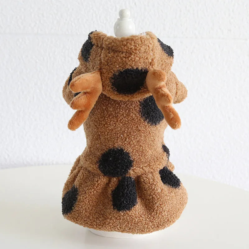 Polka dot pet clothing for dogs and cats with elk design in skirt and four-leg styles