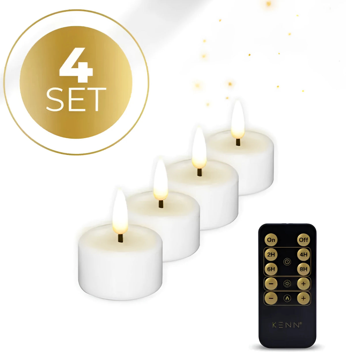 Four white LED tealight candles showing flickering flame effect, with one candle displaying dimensions.
