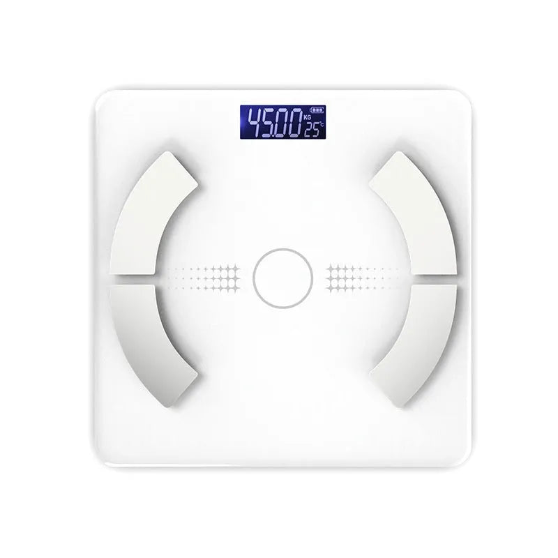 Smart Bluetooth body fat scale in white, black or pink showing weight and body composition readings