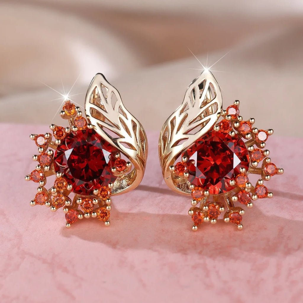 Round floral feather zircon earrings with champagne gold finish and multiple gem colour options