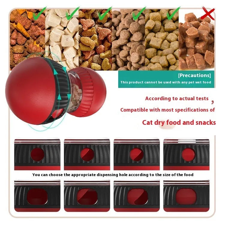 Rotating plastic cat toy with food dispenser, super ball, and sound feature.