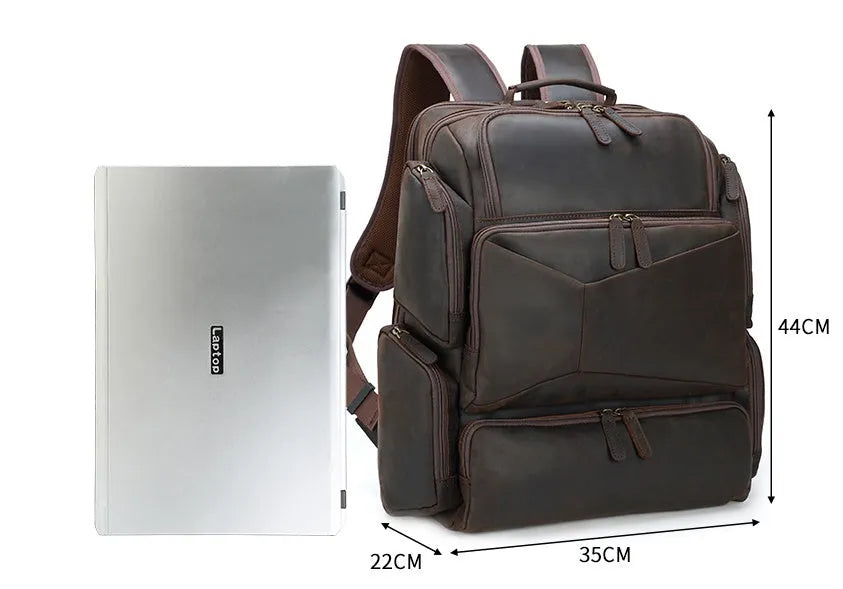 Dark brown retro crazy horse leather backpack for men with a 17-inch laptop compartment.