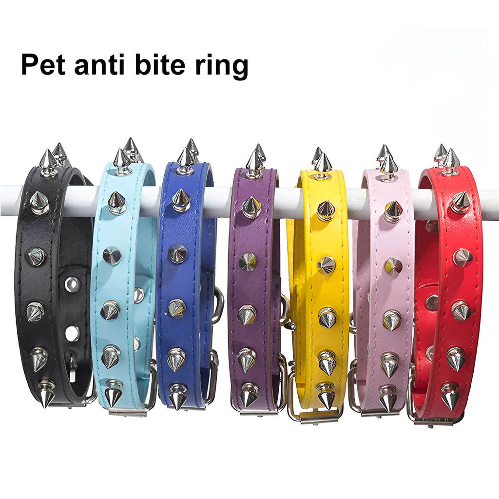 Studded dog collar in chosen colour with spiked metal details and alloy fastener on thickened PU leather.