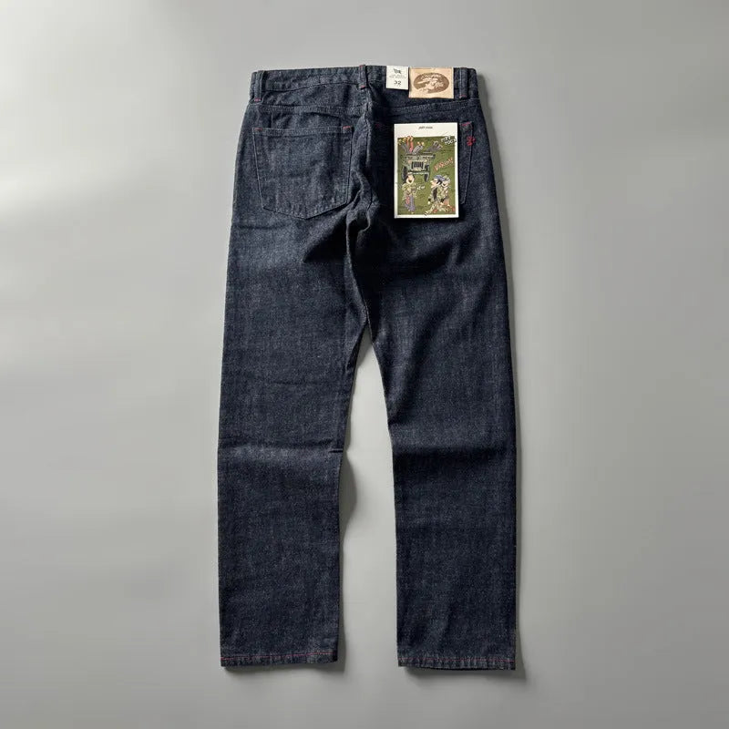Men's straight leg denim trousers in primary colour, showing front view of the American retro style and mid-waist fit.