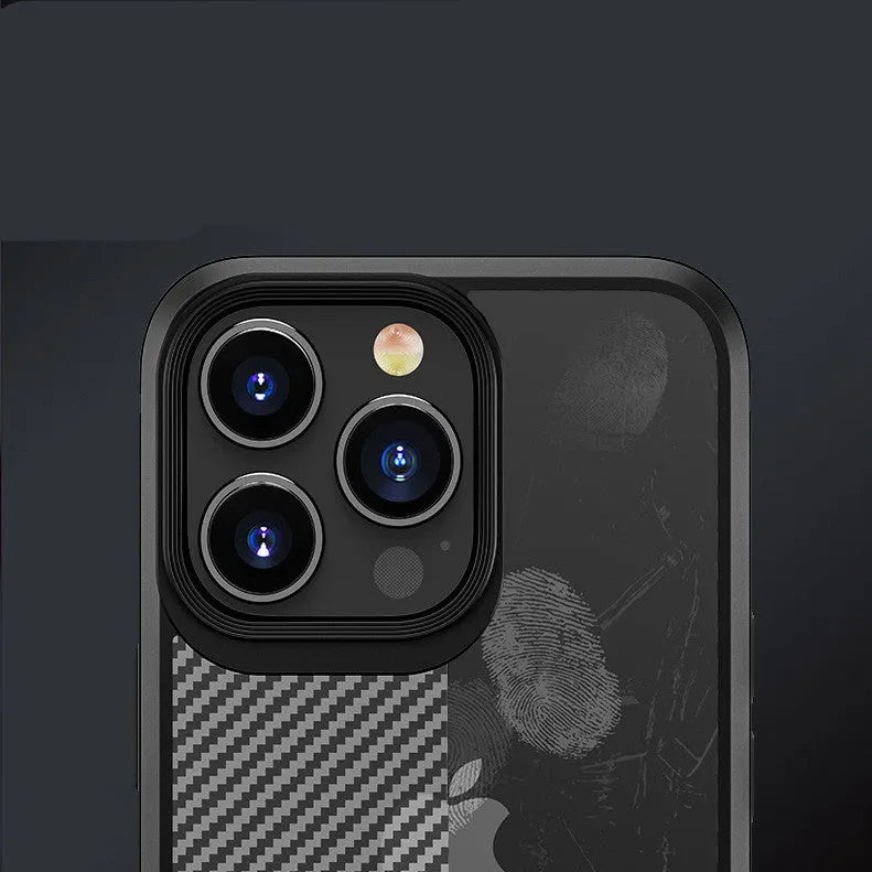 Black anti-fall protective case for iPhone 13 with carbon fibre pattern and composite TPU+PC construction