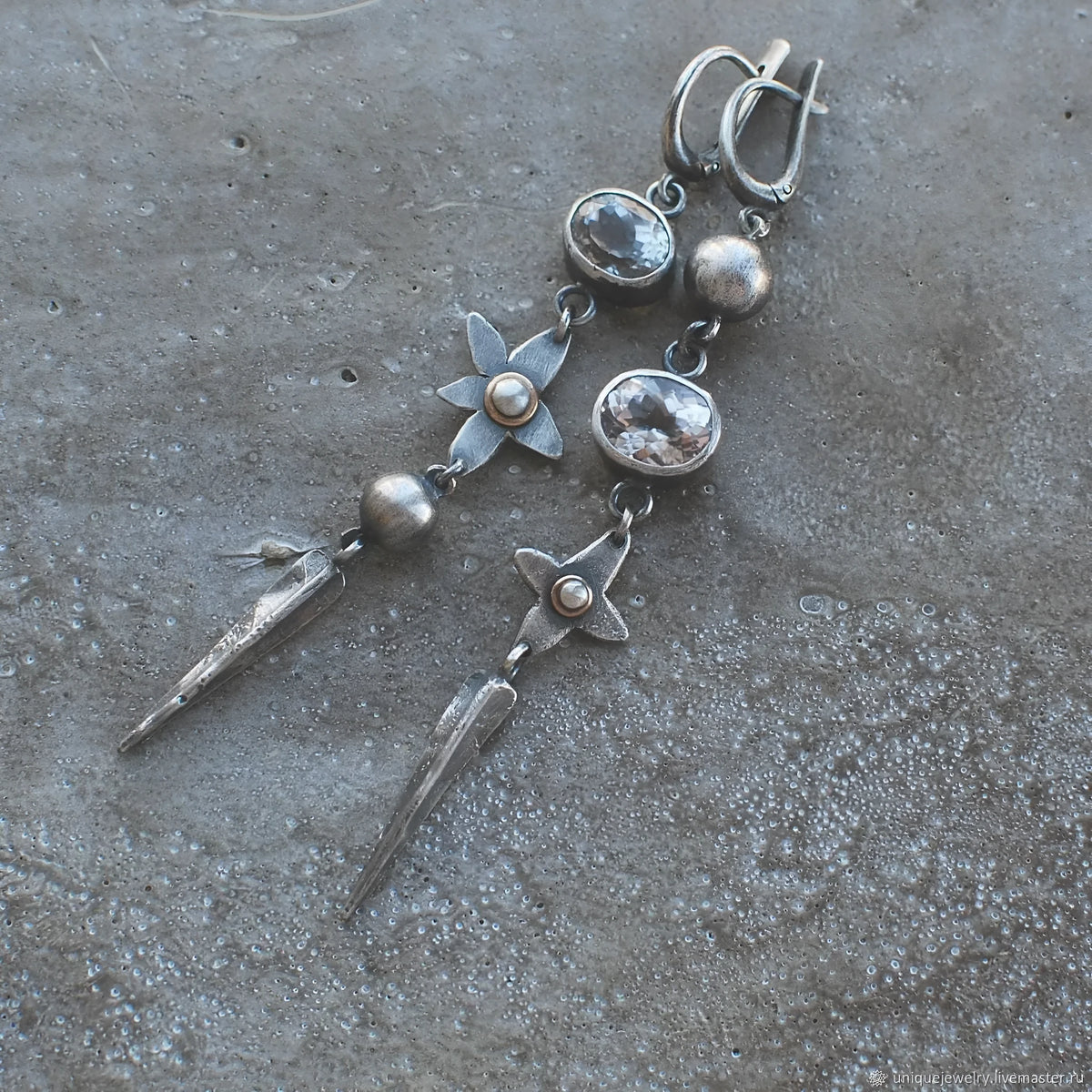 Geometric long pendant earrings with XINGX rhinestone design in antique silver