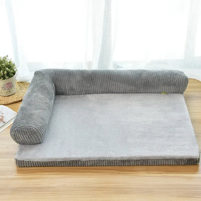 Corduroy fabric dog bed with non-slip base in grey colour, shown in a large size.