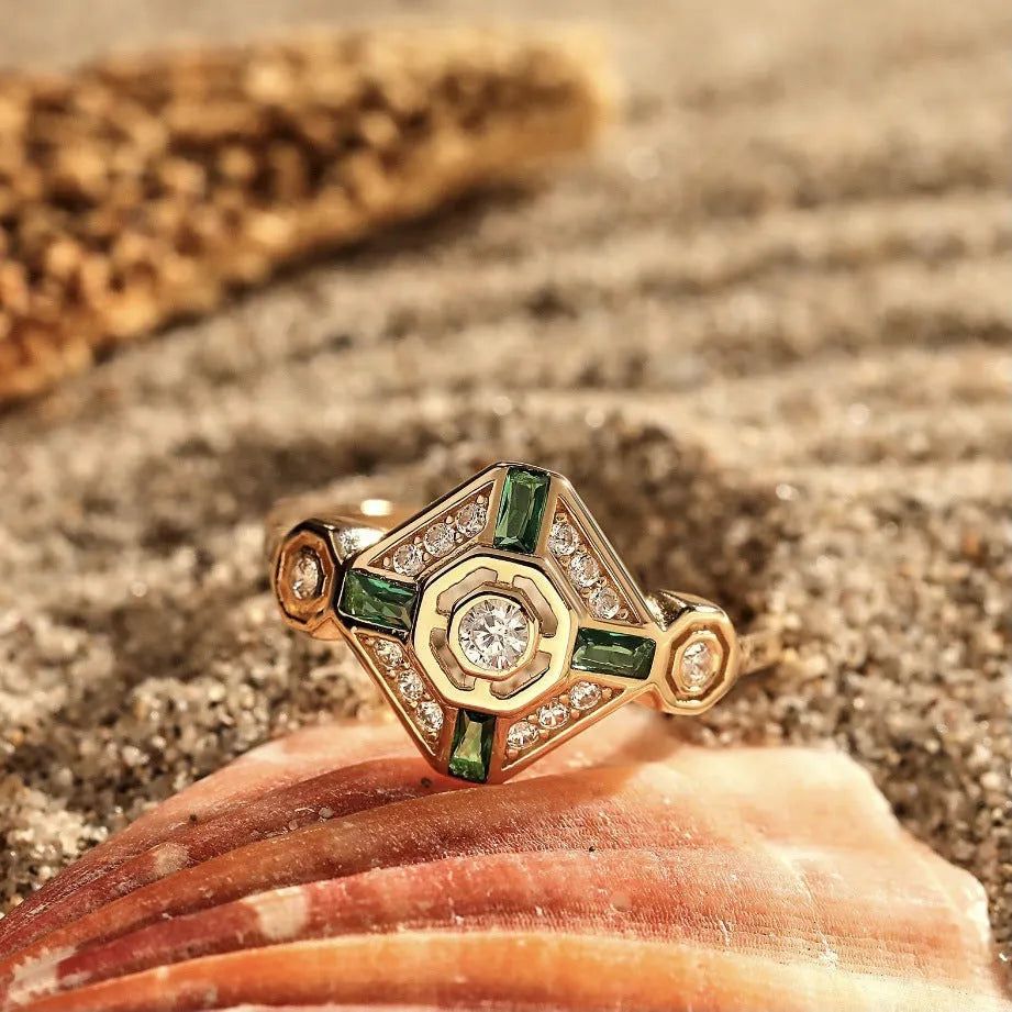 Square geometric emerald diamond ring in lvzuan colour with electroplated finish, women's Ins style fashion jewellery