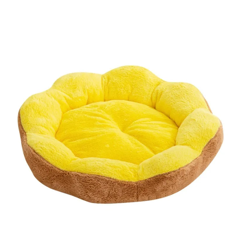 Round rabbit plush cat bed with a removable cover in yellow brown colour.