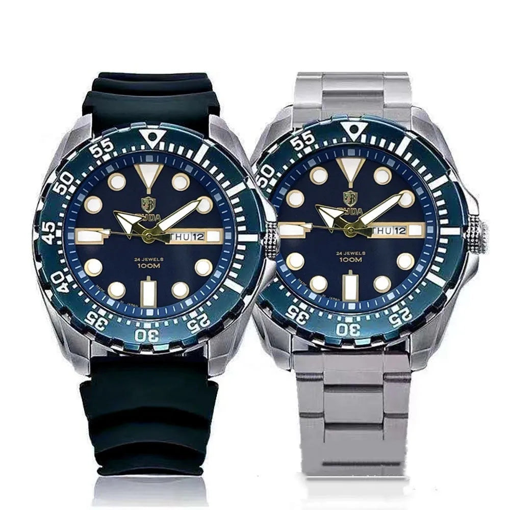 Men's waterproof luminous quartz business watch with silver case and blue dial on steel strap