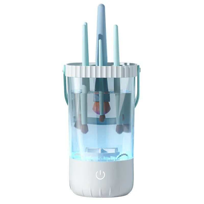 White plastic rechargeable electric makeup brush cleaning device with USB charging cable