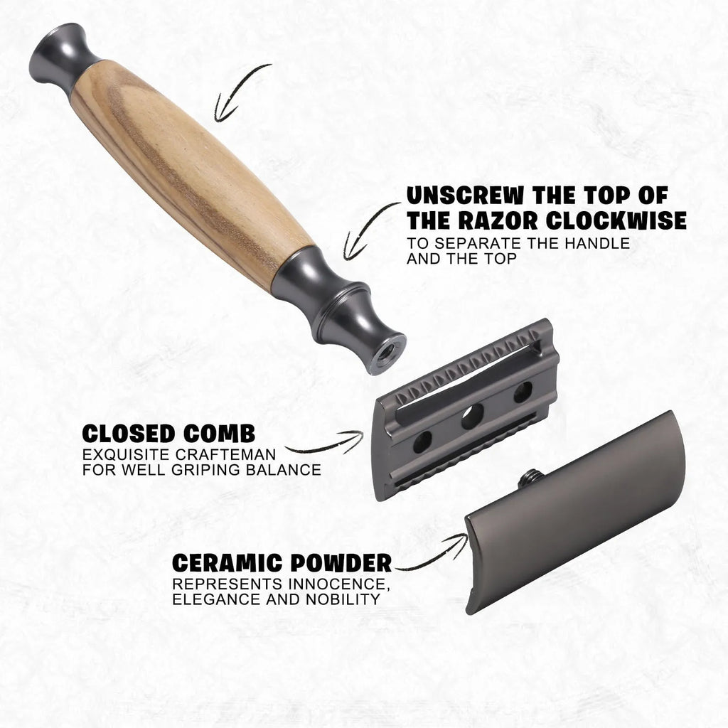 Copper manual shaving razor with olive wood handle and aluminium alloy razor holder